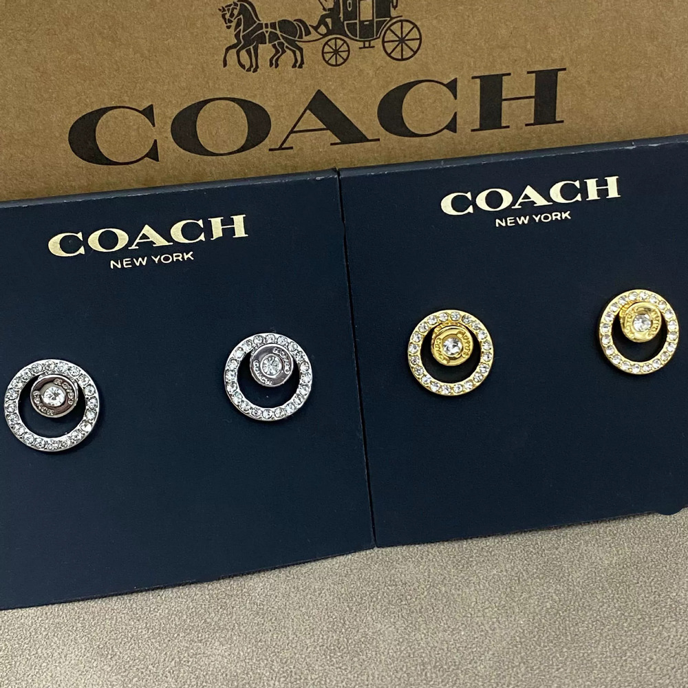Coach Geometric Round Rhinestone Stud Earrings Metal